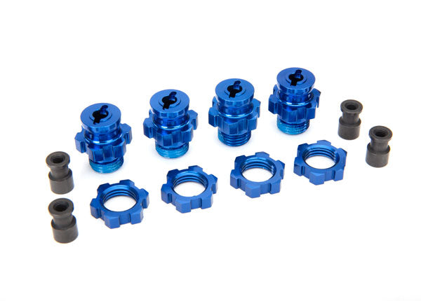 Wheel hubs, splined, 17mm, short (4)/ wheel nuts, splined, 17mm (4) (blue-anodized)/ hub retainer M4 X 0.7 (4)/ axle pin (4)/ wrench, 5mm