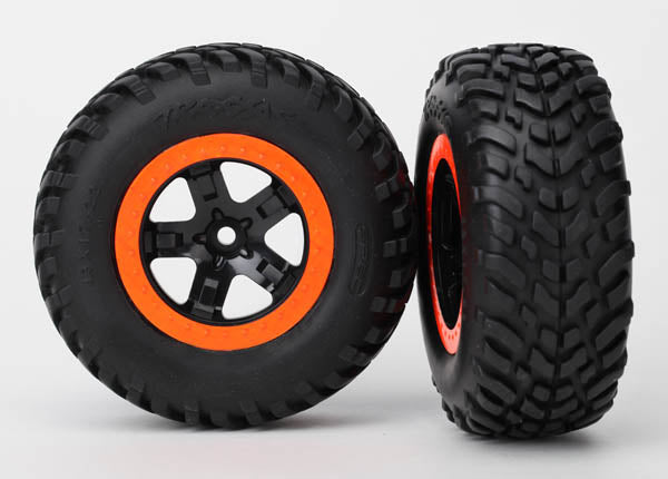 Tires & wheels, assembled, glued (S1 compound) (SCT, black, orange beadlock wheels, dual profile (2.2' outer, 3.0' inner), SCT off-road racing tires, foam inserts) (2) (4WD f/r, 2WD rear) (TSM® rated)