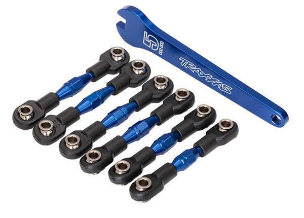 Turnbuckles, aluminum (blue-anodized), camber links, 32mm (front) (2)/ camber links, 28mm (rear) (2)/ toe links, 34mm (2)/ aluminum wrench