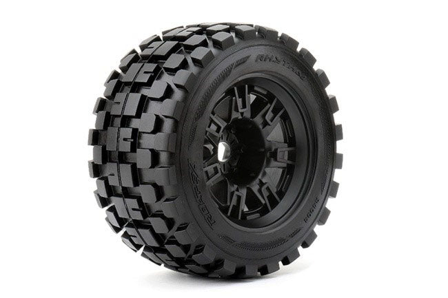 Rythm 1/8 Monster Truck Tires Mounted on Black Wheels, 0" Offset, 17mm Hex (1 pair)