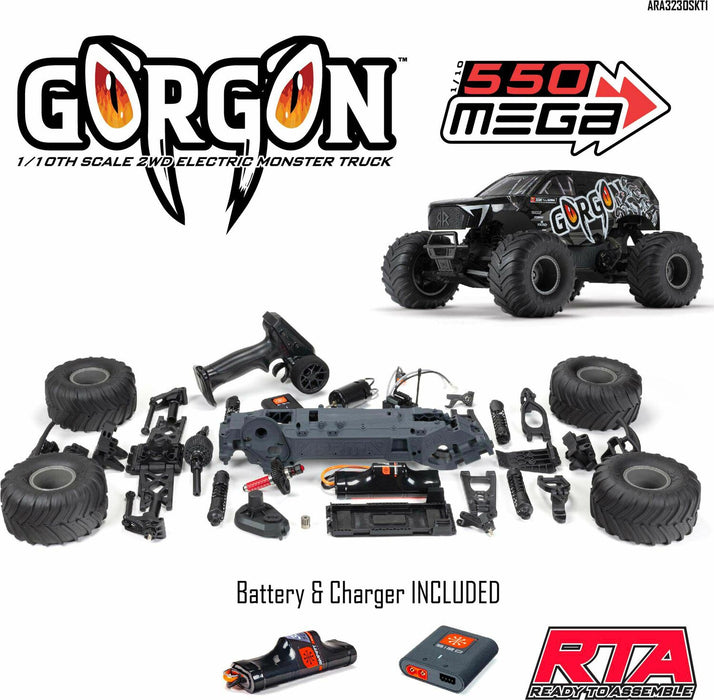 1/10 GORGON 4X2 MEGA 550 Brushed Monster Truck Ready-To-Assemble Kit with Battery & Charger