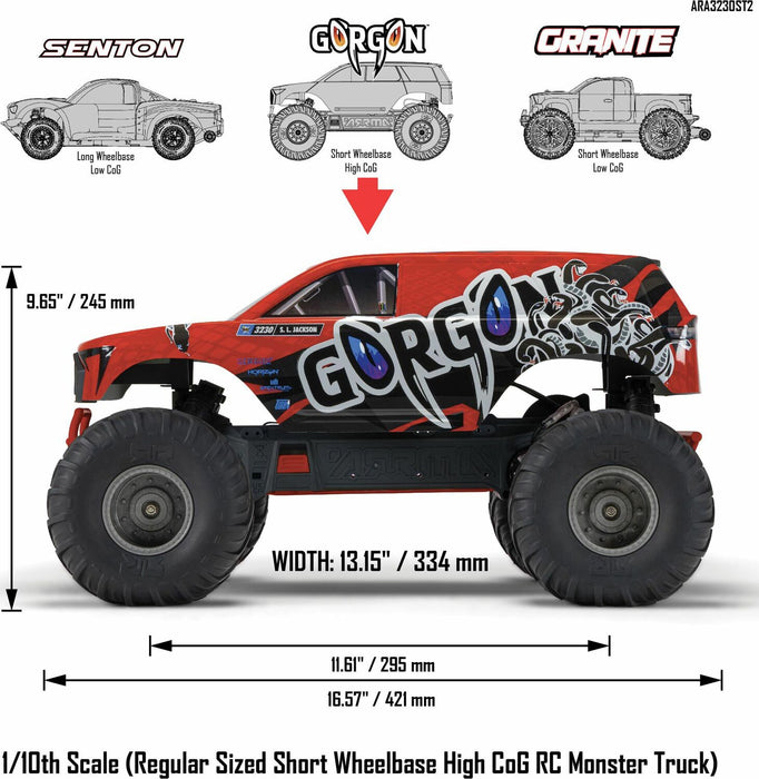 1/10 GORGON 4X2 MEGA 550 Brushed Monster Truck RTR with Battery & Charger, Red