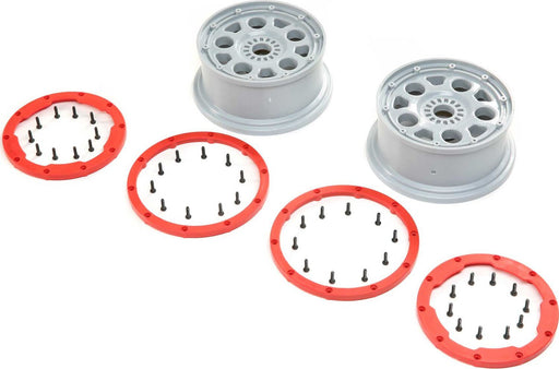1/5 Front/Rear 4.75 Beadlock Wheels, 24mm Hex, Silver/Red (2): DBXL-E 2.0