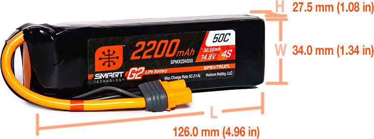 14.8V 2200mAh 4S 50C Smart G2 LiPo Battery: IC3