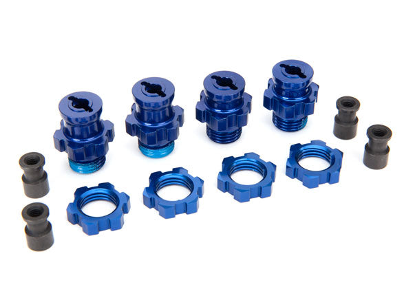Wheel hubs, splined, 17mm, short (2), long (2)/wheel nuts, splined, 17mm (4) (blue-anodized)/ hub retainer M4x0.7 (4)/axle pin (4)/wrench, 5mm