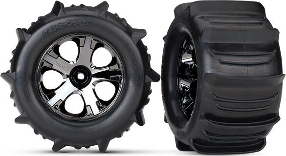 Tires & wheels, assembled, glued (2.8") (All-Star black chrome wheels, paddle tires, foam inserts) (nitro rear/electric front) (2) (TSM rated)