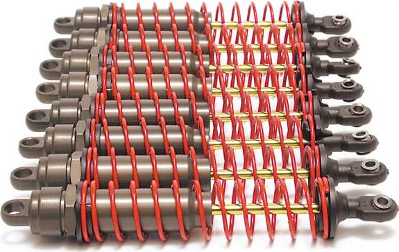 Big Bore shocks (xx-long) (hard-anodized & PTFE-coated T6 aluminum) (assembled) w/ red springs, TiN shafts (8 pack)