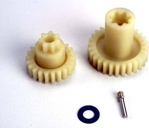 Primary gears: forward (28-T)/ reverse (22-T)/ set screw yoke pin, M3/12 (1)/ 5x10x0.5mm PTFE-coated washer (1)