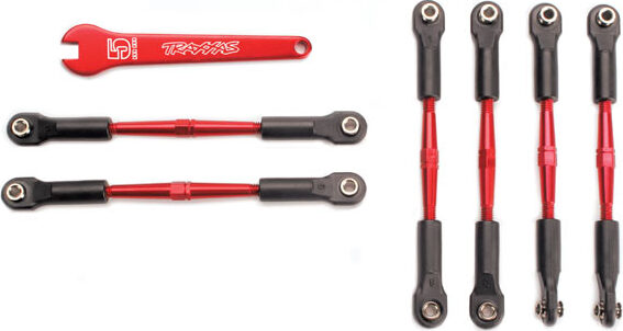 Turnbuckles, aluminum (red-anodized), camber links, 58mm (4)/ front toe links, 61mm (2) (assembled with rod ends and hollow balls)/ aluminum 5mm wrench (red-anodized)