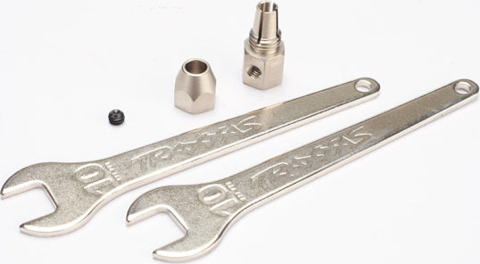 Motor coupler, collet style/ GS 4x3 SS (with threadlock) (1)/ wrench, 10mm (2)