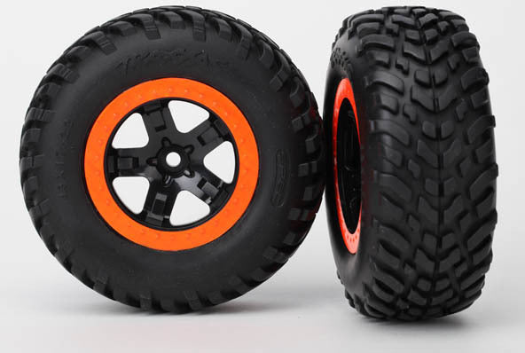 Tires & wheels, assembled, glued (S1 compound) (SCT, black, orange beadlock wheels, dual profile (2.2" outer, 3.0" inner), SCT off-road racing tires, foam inserts) (2) (4WD f/r, 2WD rear) (TSM rated)