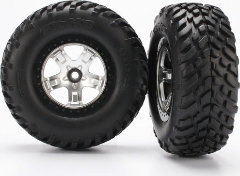 Tires & wheels, assembled, glued (SCT satin chrome, black beadlock style wheels, SCT off-road racing tires, foam inserts) (2) (2WD front)