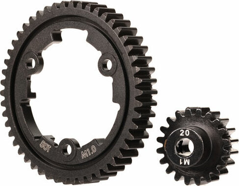 Spur Gear, 50-Tooth, Steel (Wide-Face)/ Gear, 20-T Pinion (1.0 Metric Pitch) (Fits 5Mm Shaft)/ Set Screw