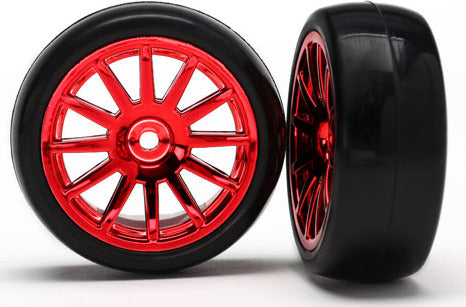 Tires & wheels, assembled, glued (12-spoke red chrome wheels, slick tires) (2)