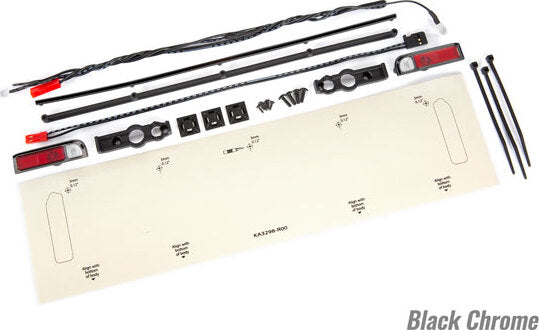 LED lights, tail lights (red)/ power harness/ tail light housings (left & right)/ tailgate trim (black chrome)/ zip ties (3)