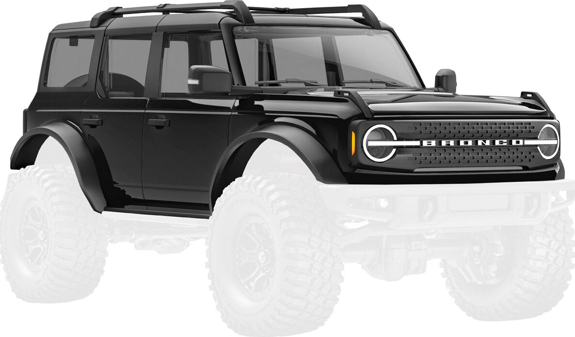 Body, Ford Bronco, complete, black (includes grille, side mirrors, door handles, fender flares, windshield wipers, spare tire mount, & clipless mounting) (requires #9735 front & rear bumpers)