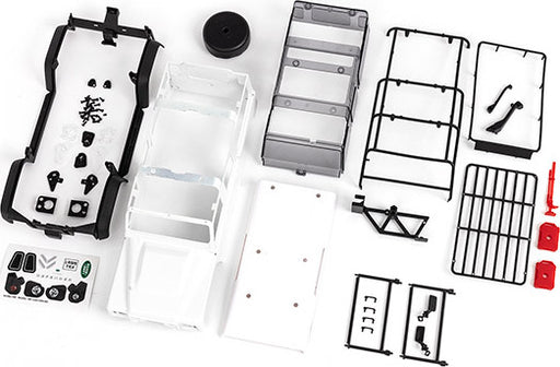 Body, Land Rover® Defender®, complete (unassembled) (white, requires painting) (includes grille, side mirrors, door handles, fender flares, fuel canisters, jack, spare tire mount, & clipless mounting) (requires #9734 front & rear bumpers)