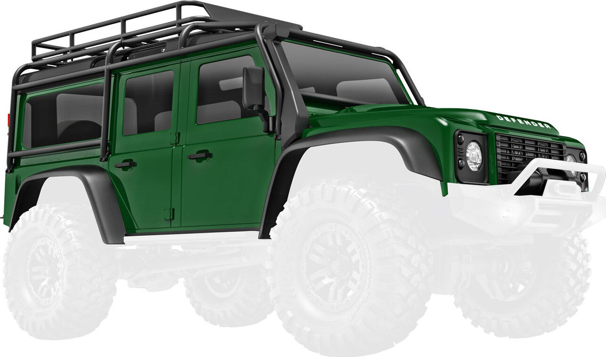 Body, Land Rover® Defender®, complete, green (includes grille, side mirrors, door handles, fender flares, fuel canisters, jack, spare tire mount, & clipless mounting) (requires #9734 front & rear bumpers)