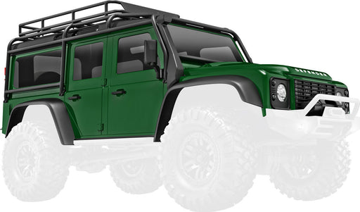 Body, Land Rover® Defender®, complete, green (includes grille, side mirrors, door handles, fender flares, fuel canisters, jack, spare tire mount, & clipless mounting) (requires #9734 front & rear bumpers)