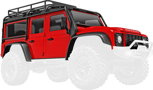 Body, Land Rover® Defender®, complete, red (includes grille, side mirrors, door handles, fender flares, fuel canisters, jack, spare tire mount, & clipless mounting) (requires #9734 front & rear bumpers)