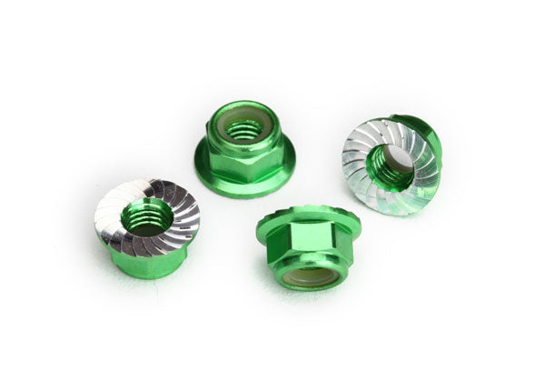 Nuts, 5mm flanged nylon locking (aluminum, green-anodized, serrated) (4)