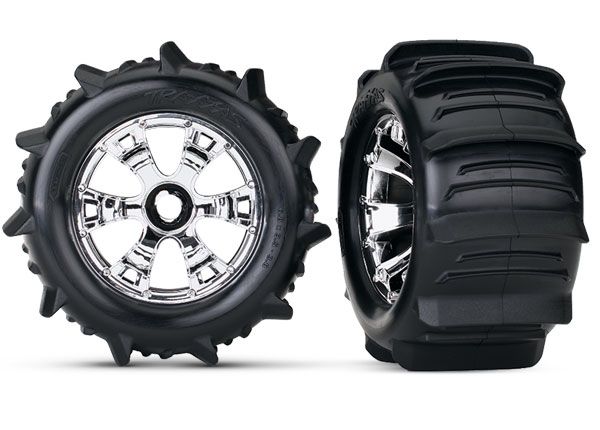 Tires & wheels, assembled, glued (Geode chrome wheels, paddle tires, foam inserts) (2) (use with 17mm splined wheel hubs & nuts, part # 5353X) (TSM rated)
