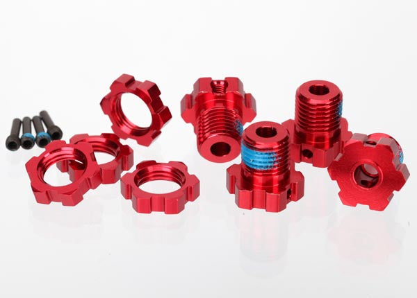 Wheel hubs, splined, 17mm (red-anodized) (4)/ wheel nuts, splined, 17mm (red-anodized) (4)/ screw pins, 4x13mm (with threadlock) (4)
