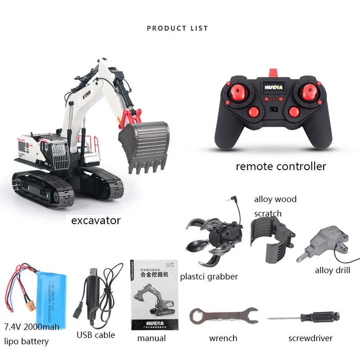 HUINA 4-in-1 RC Alloy Remote Control Excavator Model Crusher Construction Vehicles Toys 1/14 22CH 2.4Ghz