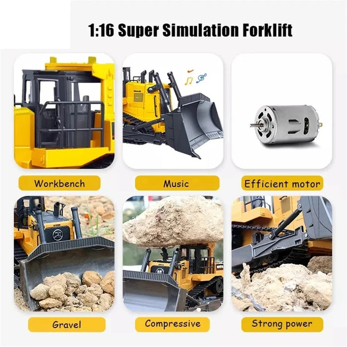 1:16 Scale Eleven-Channel Remote-Controlled Bulldozer, Remote Alloy Construction Vehicle