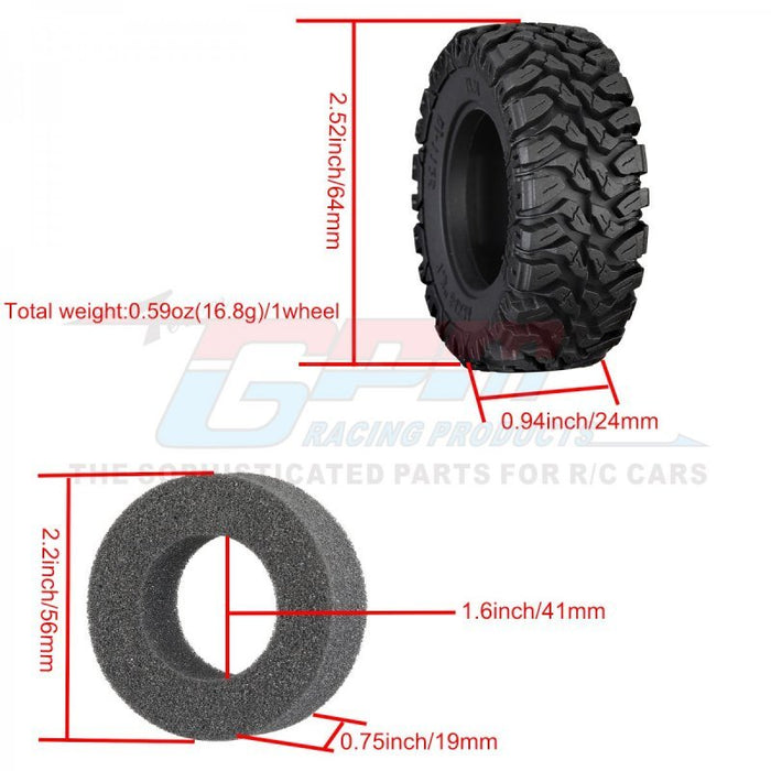 SCX24/TRX4-M DEADBOLT 1.33 Inch High Adhesive Crawler Rubber Tires 64mm X 24mm With Foam Inserts