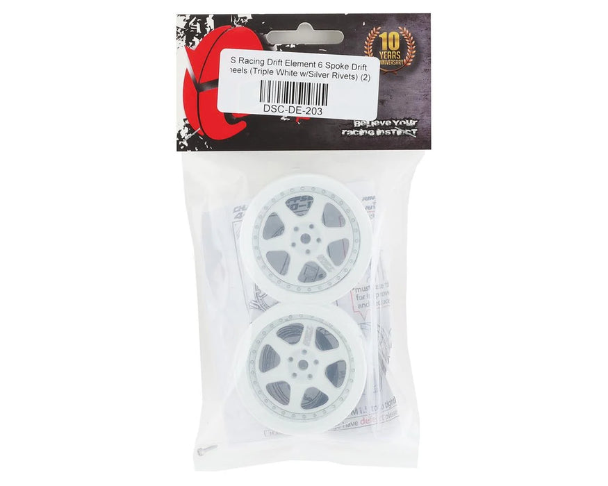 DS Racing Drift Element 6 Spoke Drift Wheels (Triple White w/Silver Rivets) (2) (Adjustable Offset) w/12mm Hex