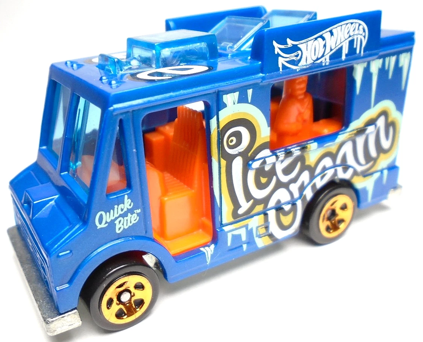2019 HOT WHEELS QUICK BITE ICE CREAM BLUE 2 5/8" DIECAST FOOD TRUCK WITH ORANGE
