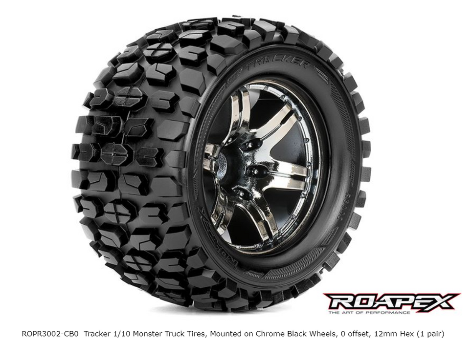 Tracker 1/10 Monster Truck Tires, Mounted on Chrome Black Wheels, 0 offset, 12mm Hex (1 pair)