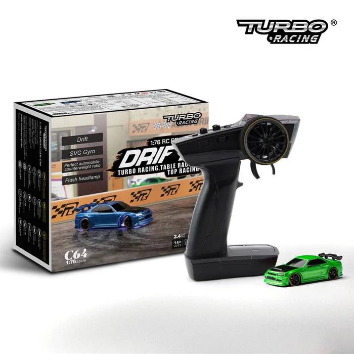 roduct name：1:76 Drift car
model：C64-GN
Scale：1:76
Driving distance：30m
Driving time：30min
Slope angel：30°
Drivemode：2WD
Proportional steering：Proportional steering
Battery parameter：55mAh
Size：60ⅹ25.6ⅹ17.3mm
Weight：21g