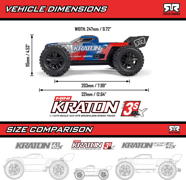 1/16 MINI KRATON 3S DSC 4X4 RTR Brushless Speed Truck (Battery & Charger Included), Red/Blue