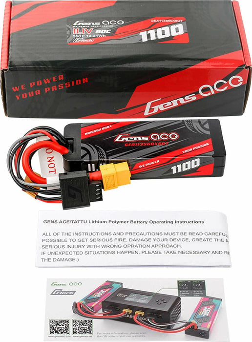 Gens ace 1100mAh 3S 60C 11.1V HardCase G-tech Lipo Battery Pack with XT60 Plug