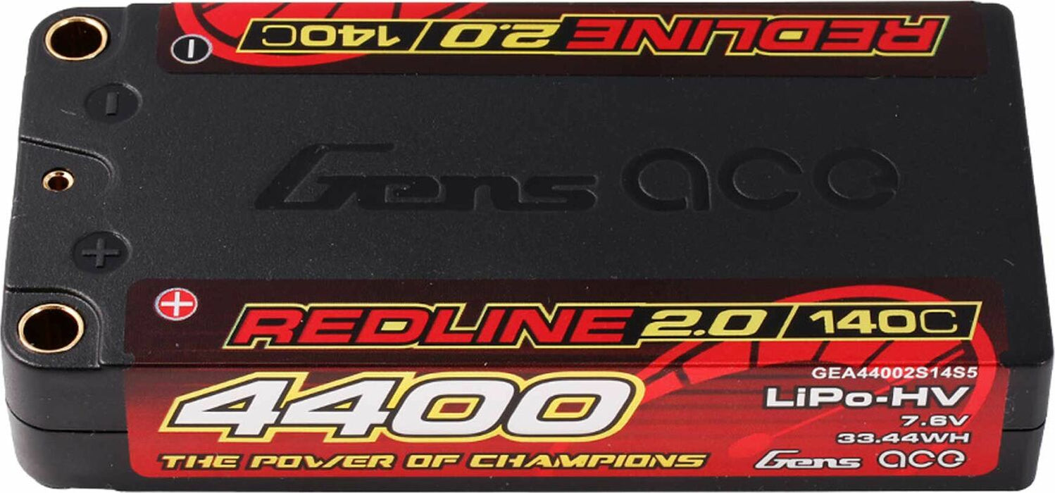 Gens ace Redline 2.0 4400mAh 2S 7.6V 140C HardCase Lipo Battery with 5.0mm bullet