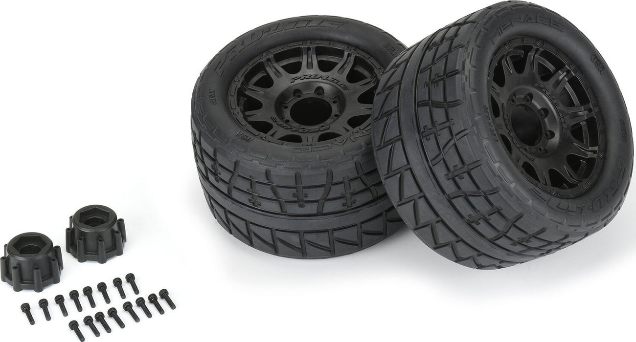 1/8 Menace HP BELTED Fr/Rr 3.8" MT Tires Mounted 17mm Black Raid (2)