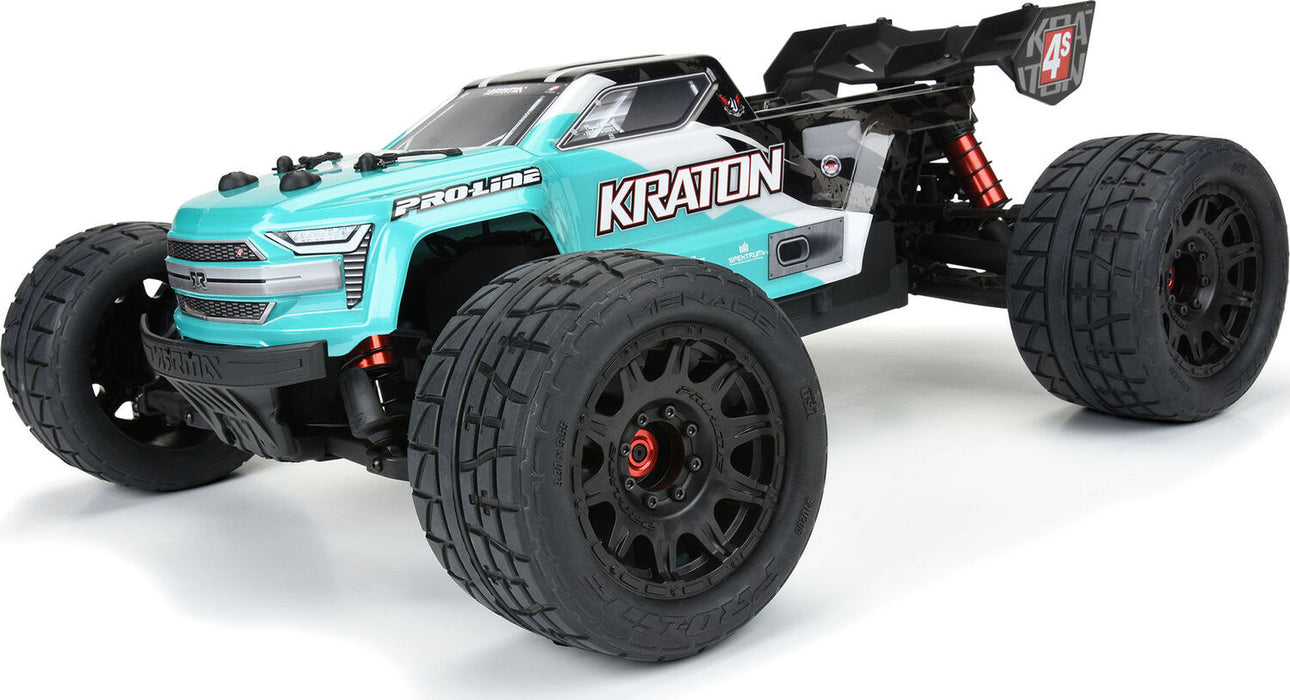 1/8 Menace HP BELTED Fr/Rr 3.8" MT Tires Mounted 17mm Black Raid (2)