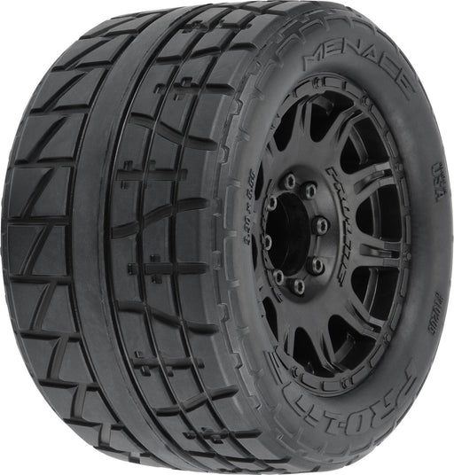 1/8 Menace HP BELTED Fr/Rr 3.8" MT Tires Mounted 17mm Black Raid (2)