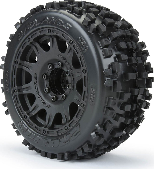 1/8 Badlands F/R 3.8" MT Tires Mounted 17mm Blk Raid (2)