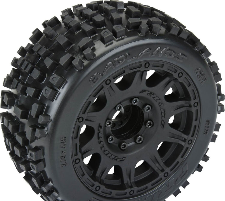 1/8 Badlands F/R 3.8" MT Tires Mounted 17mm Blk Raid (2)