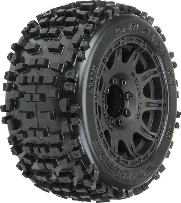 1/8 Badlands F/R 3.8" MT Tires Mounted 17mm Blk Raid (2)