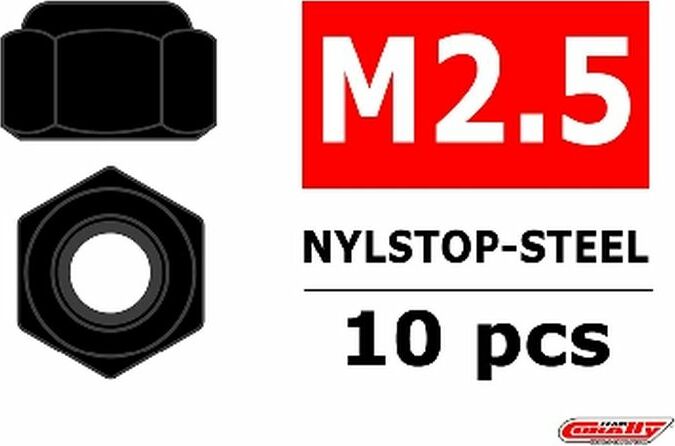 Steel Nylstop Nut M2.5, Black Coated, 10pcs