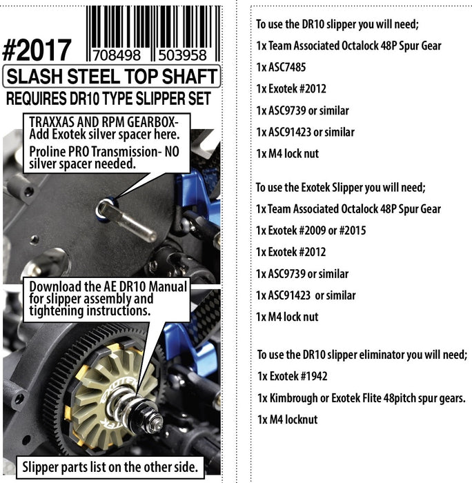 Slash Steel Top Shaft, Heavy Duty for MK2 and DR10 Slippers