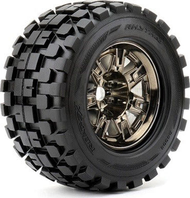Rythm 1/8 Monster Truck Tires Mounted on Chrome Black