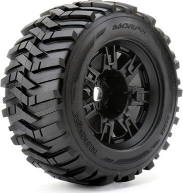 Morph 1/8 Monster Truck Tires Mounted on Black Wheels, 0"