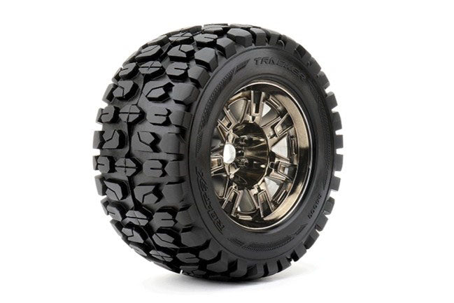 Tracker 1/8 Monster Truck Tires Mounted on Chrome Black Wheels, 0" Offset, 17mm Hex (1 pair)