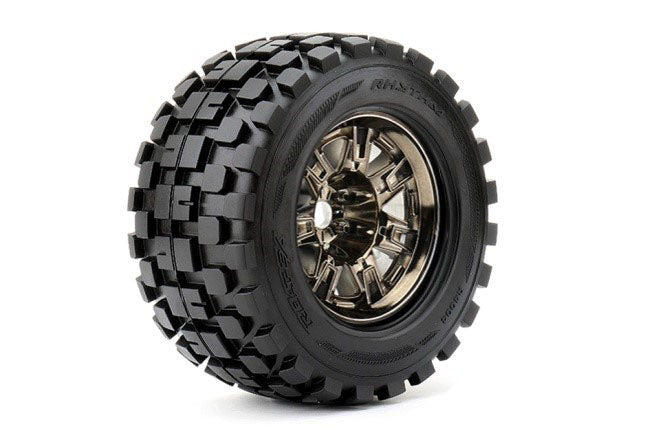 Rythm 1/8 Monster Truck Tires Mounted on Chrome Black Wheels, 1/2" Offset, 17mm Hex (1 pair)