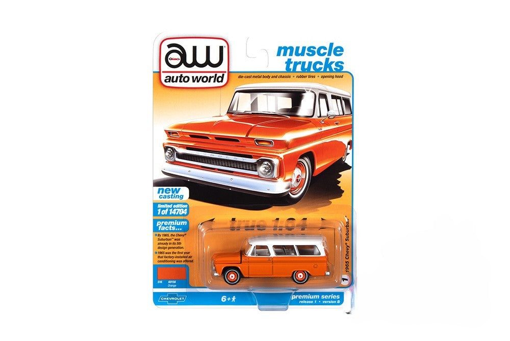 Auto World - Muscle Truck Chevy® Suburban (1965, 1/64 scale diecast model car, Orange/White) AWSP060/24B